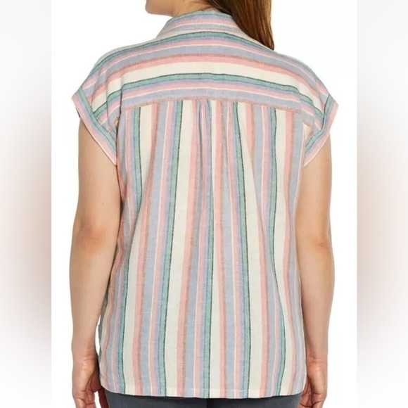 Women's Orvis Ladies Short Sleeve Button Up Linen Blend Shirt Top Stripe S - Picture 3 of 15
